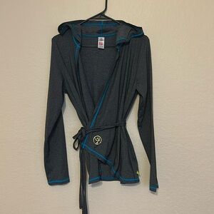 Zumba Gray Wrap Cardigan jacket with Blue Trim